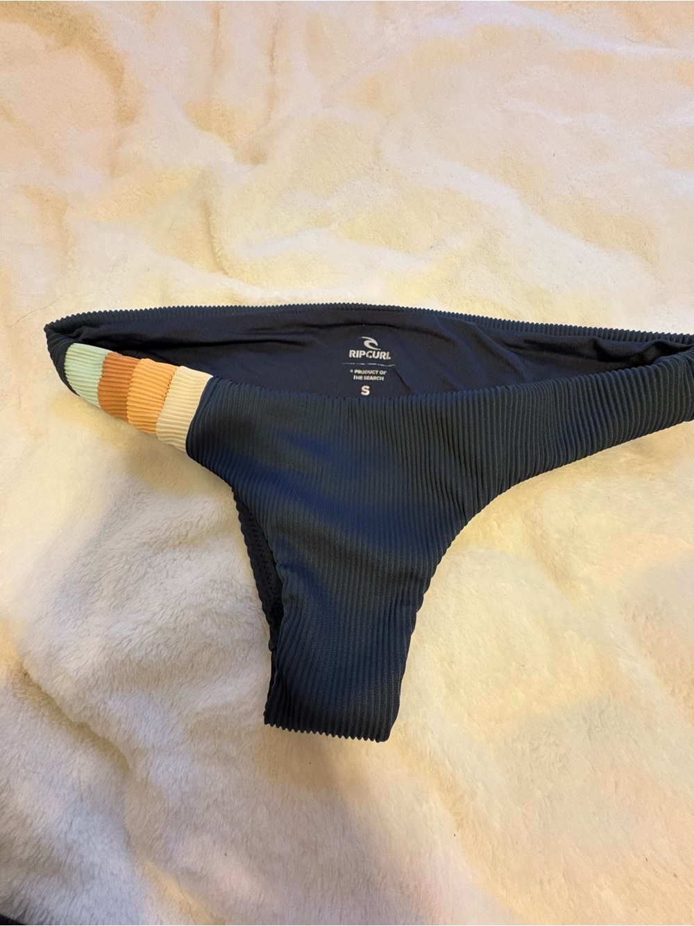 Rip Curl Navy Ribbed Bikini Bottom with Cream and Orange Accents